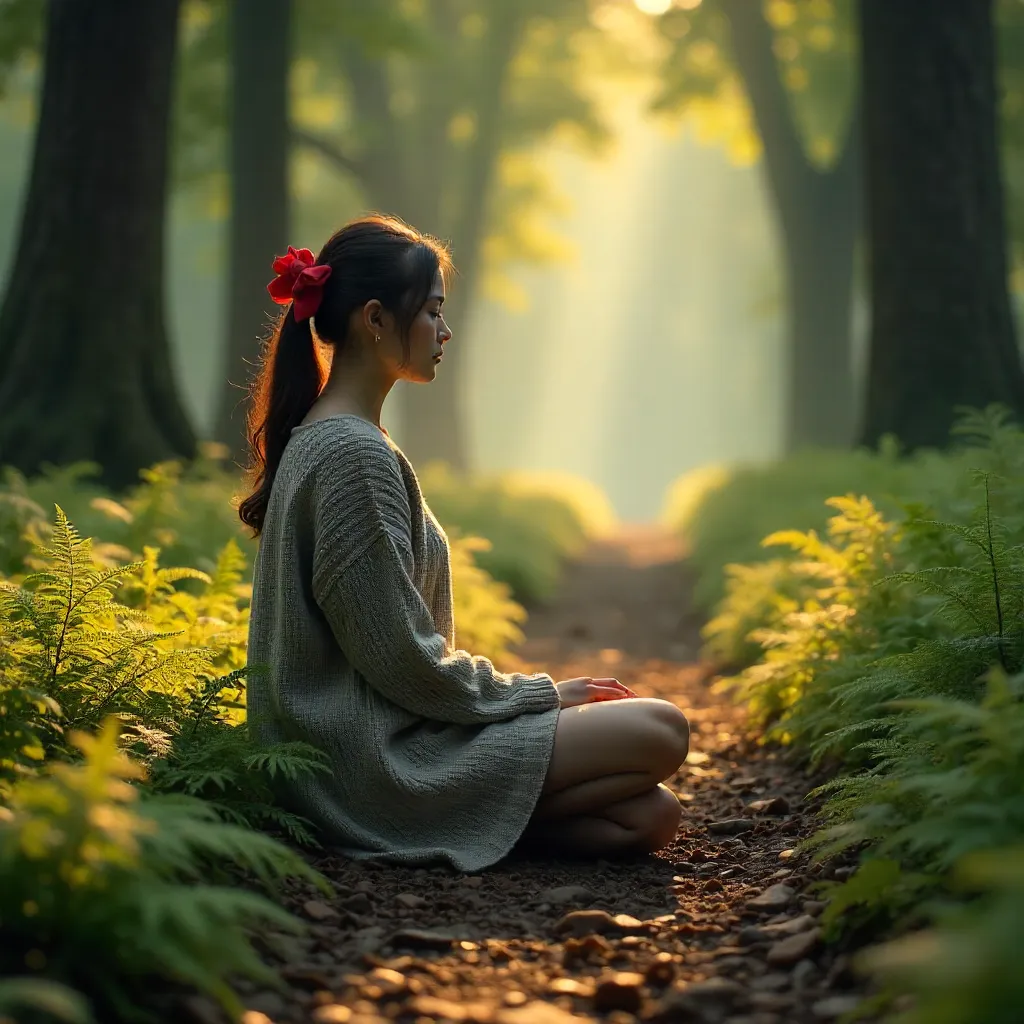 Forest Path Peace: Woman in Gray Sweater with Red Bow