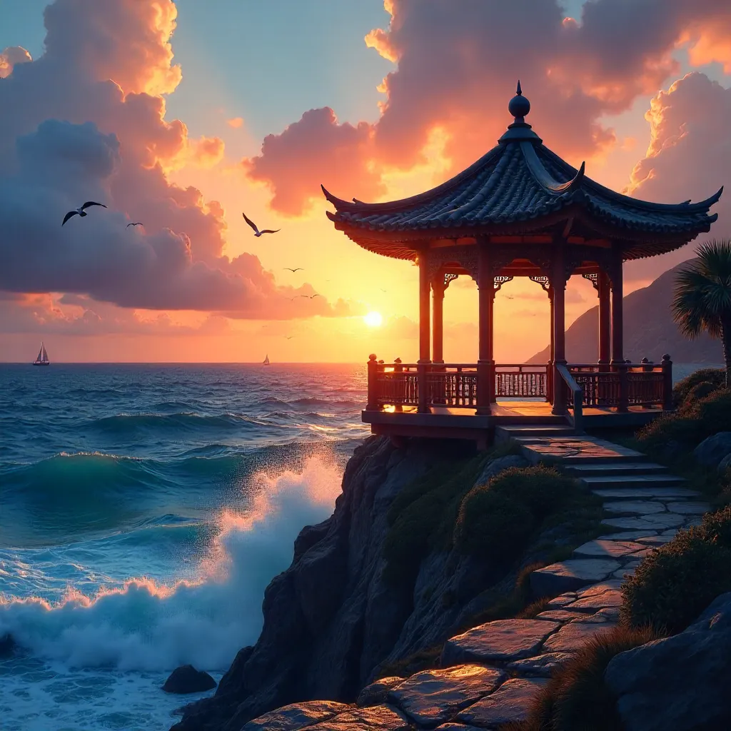 Sunset Gazebo Over Ocean Waves