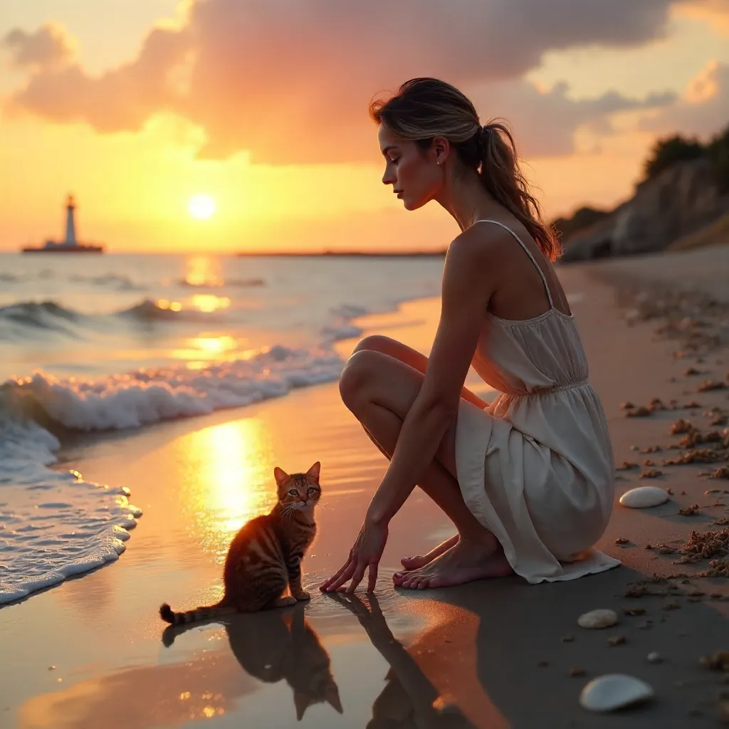 Sunset Serenade by the Sea: Woman and Cat