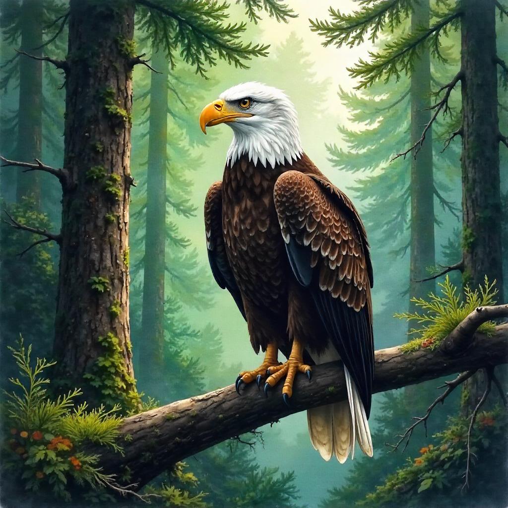 Watercolor Eagle in a Shadowy Forest