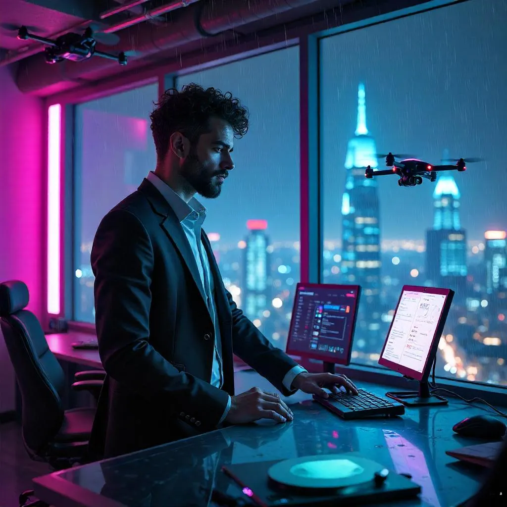Neon Cyberpunk Office: A Young Latino Techie at Dusk