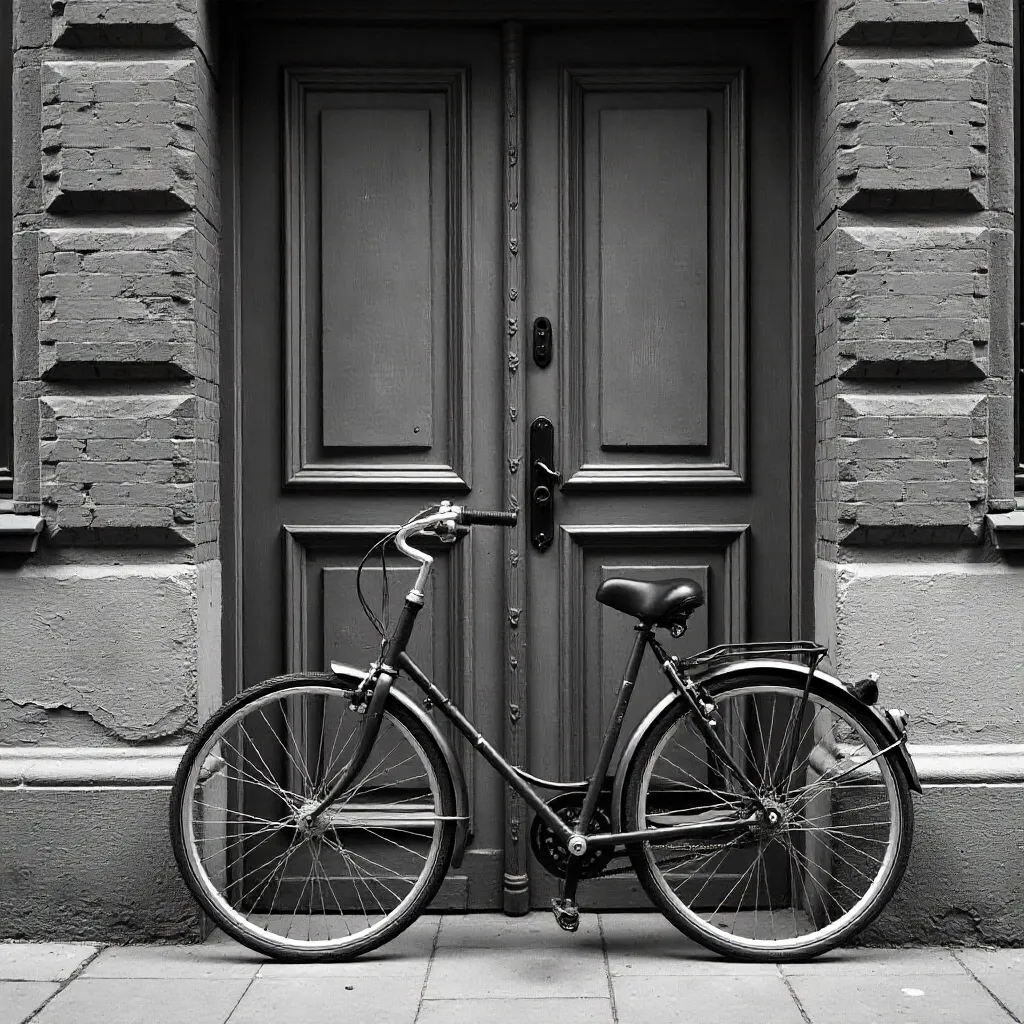 Bicycle by an ornate door in Malmö (BW photo)