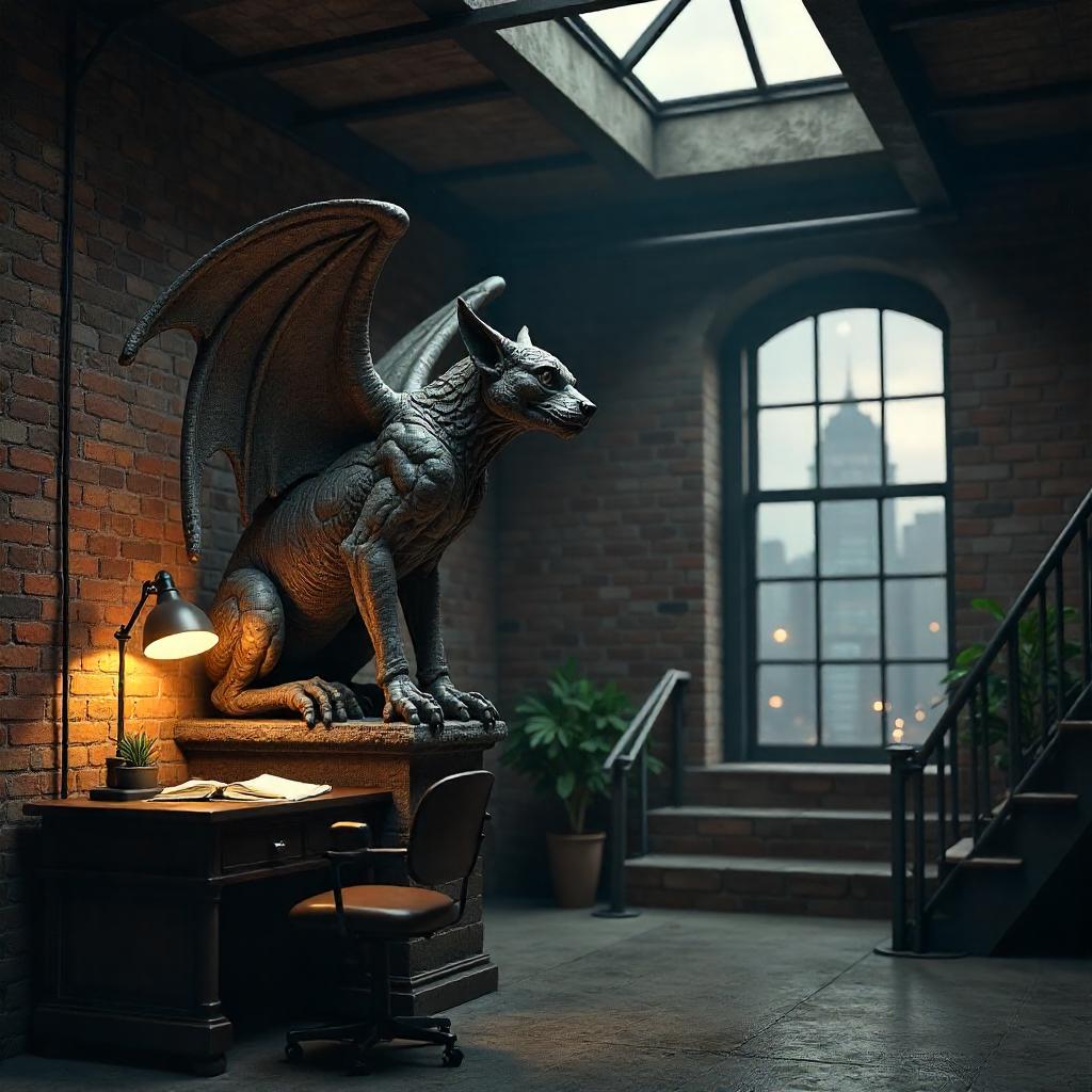 Photoreal Gargoyle in a Moonlit Urban Loft