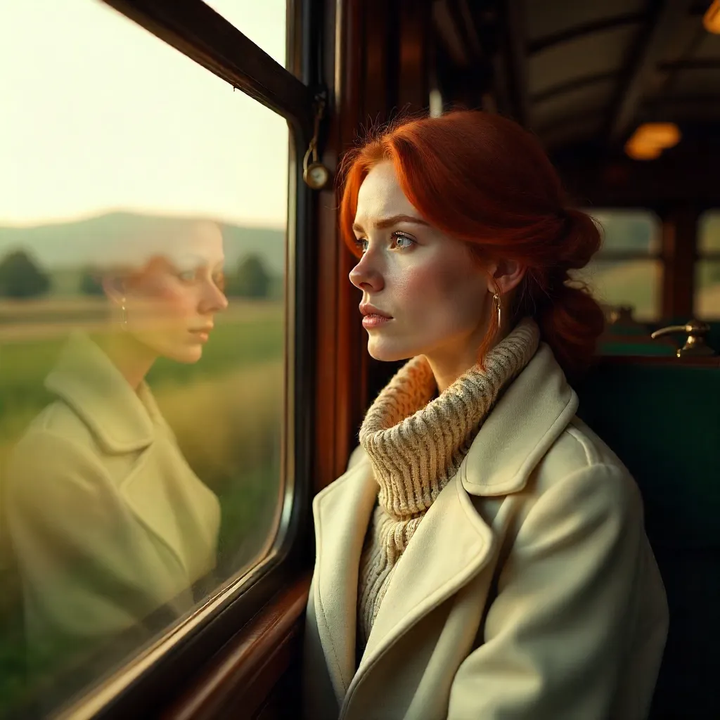 Red-Haired Woman Gazing Out a Train Window