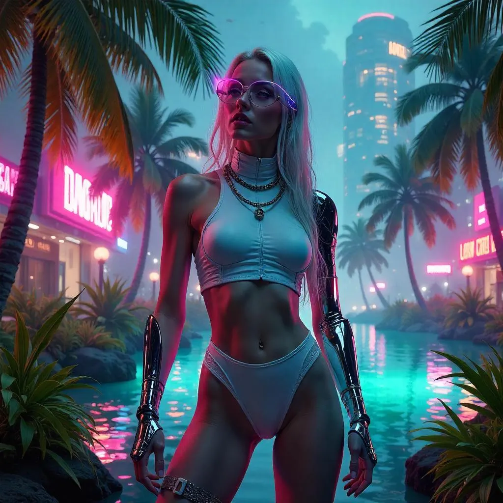 Confident White Cyberpunk Woman in Tropical Neon Paradise