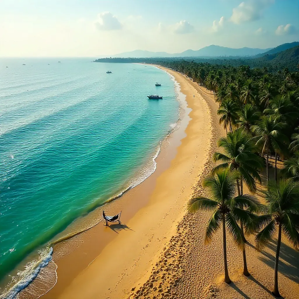 Serene Aerial Goa Beach: Palms and Sand