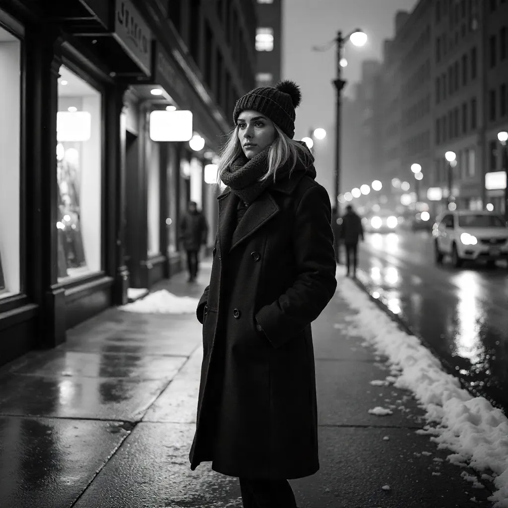 Winter Noir: Woman in Urban Snowfall