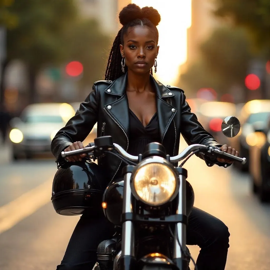 Elegant Black Woman on a Photorealistic Motorcycle