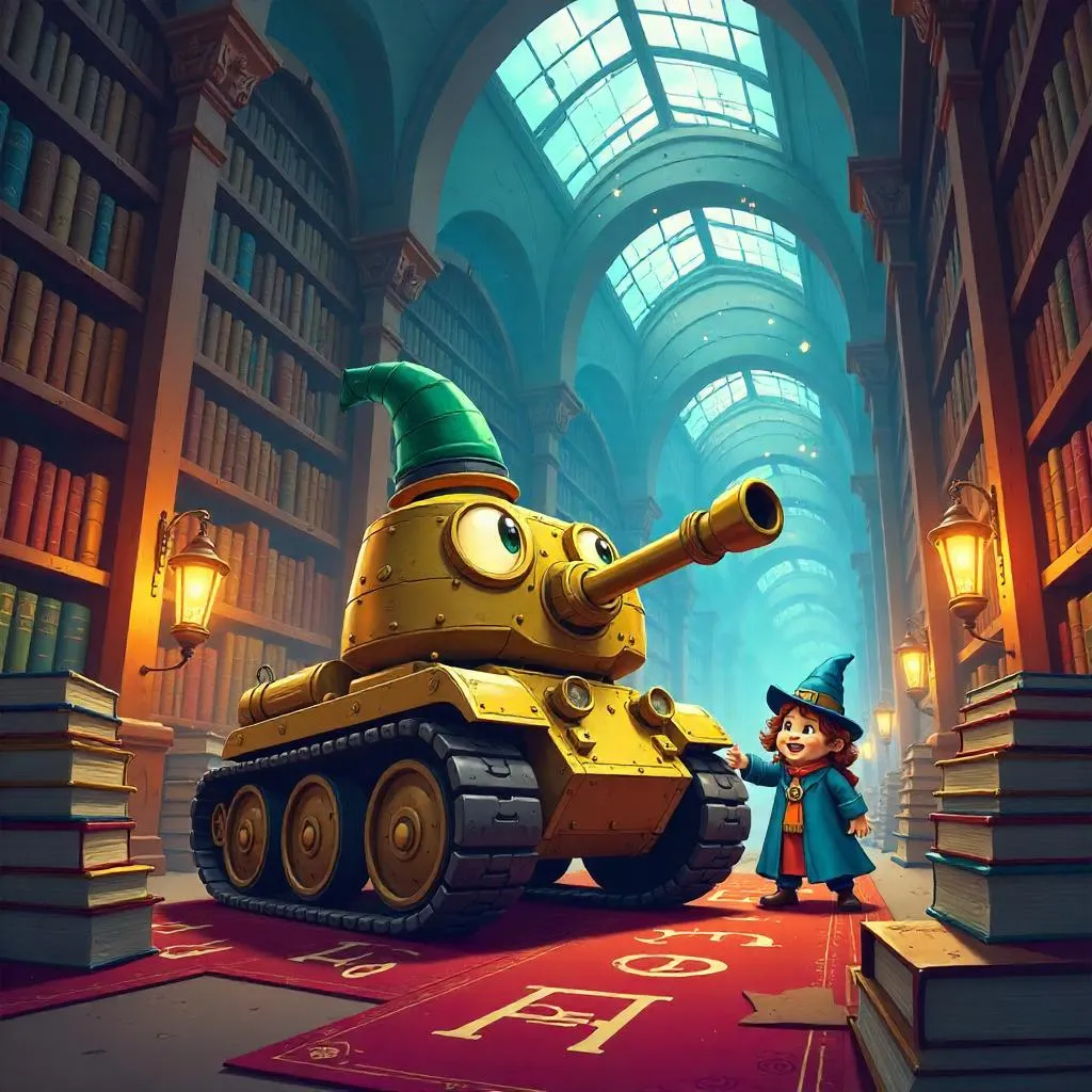 Cartoon Tank in a Magical Library
