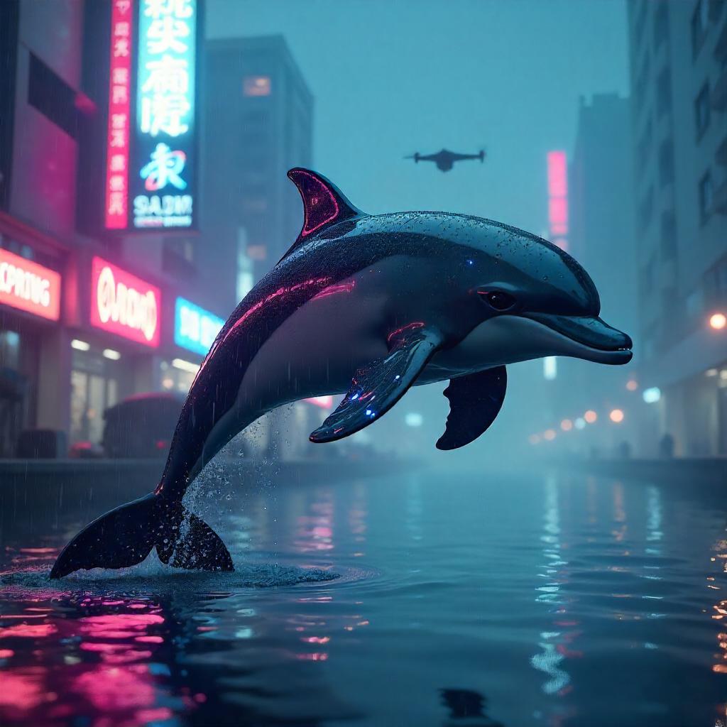 Dolphin in Neon Fog: Cyberpunk Harbor