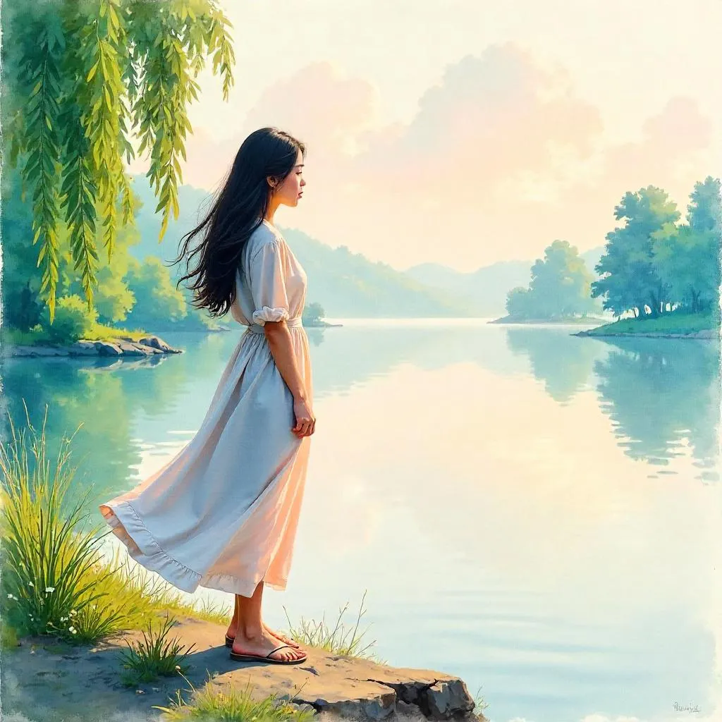 Watercolor Portrait by a Lake: Young Asian Woman