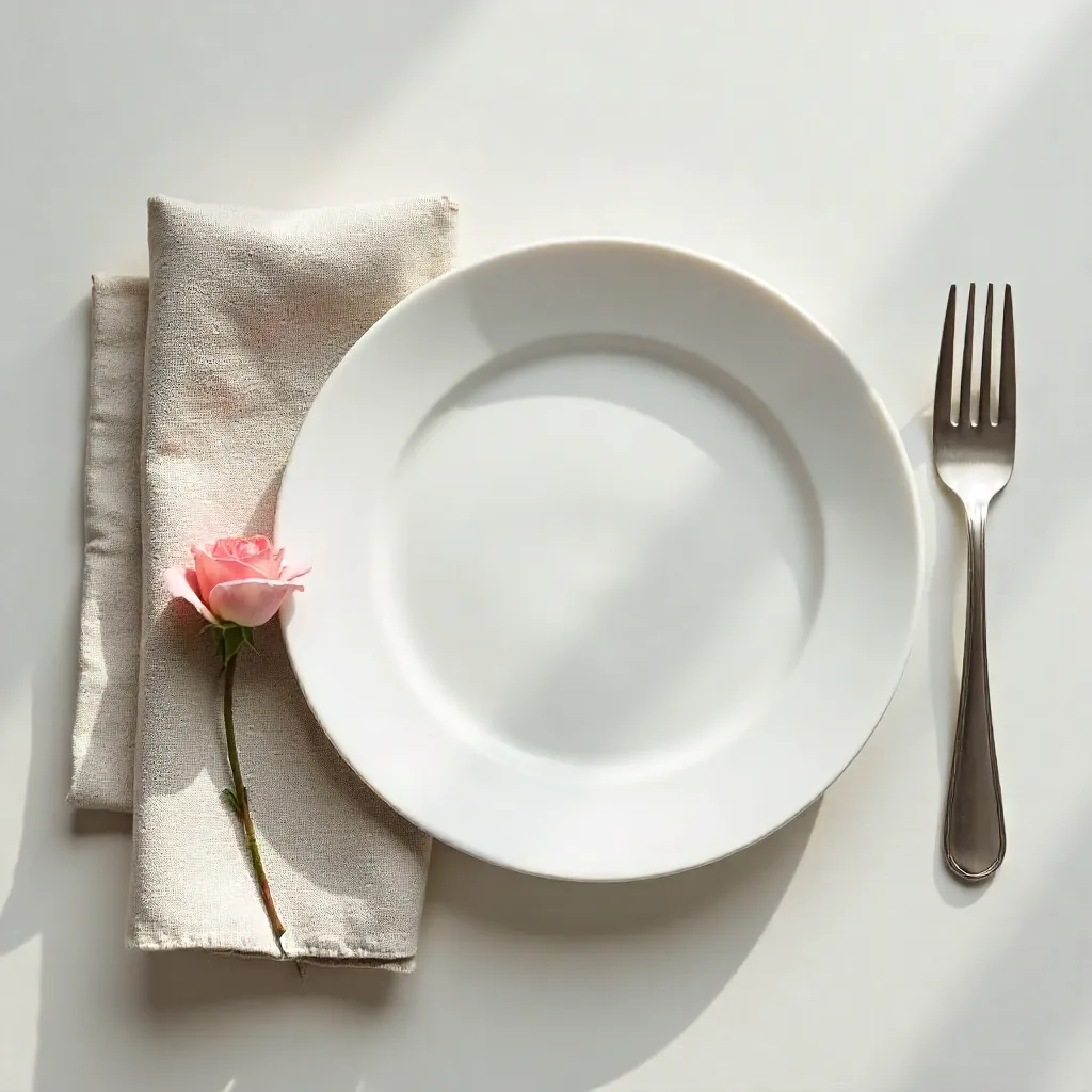 Minimalist Table Setting: Plate, Napkin, Rosebud
