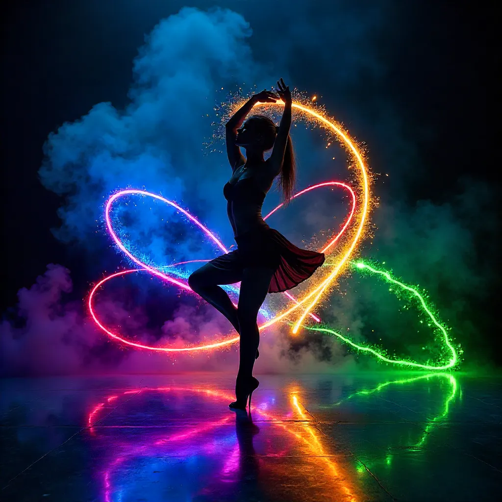 Dancer Silhouette with Neon Light-Paint Backdrop