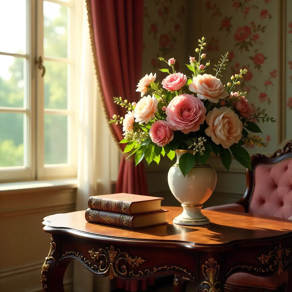 Vintage Interior: Floral Vase and Antique Books