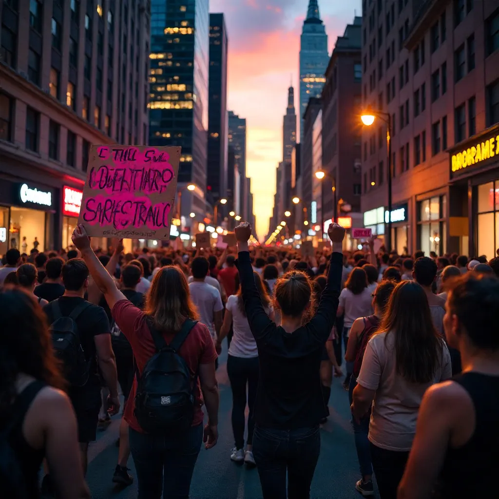 Dusk Protest: City Crowd with Raised Fists