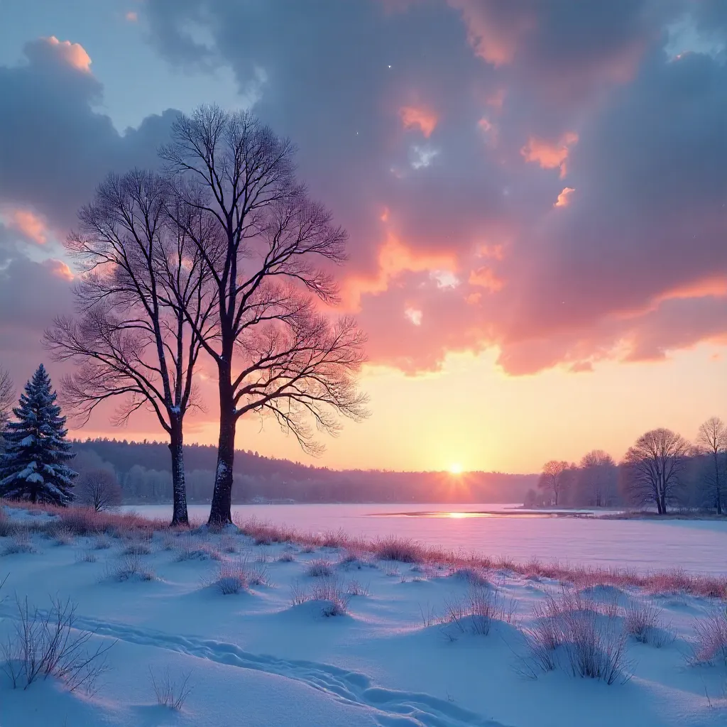 Two Bare Trees Under a Twilight Winter Sky