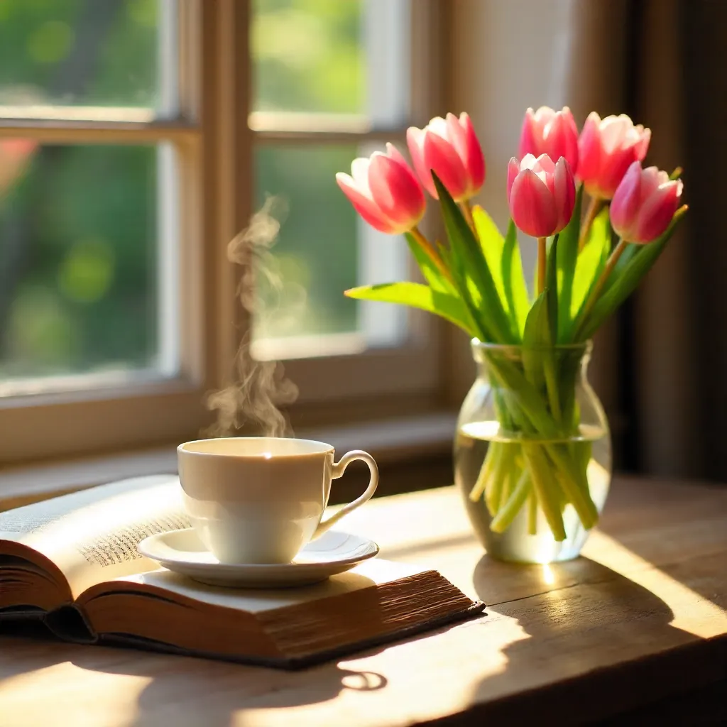 Sunlit Tea, Pink Tulips, and an Open Book