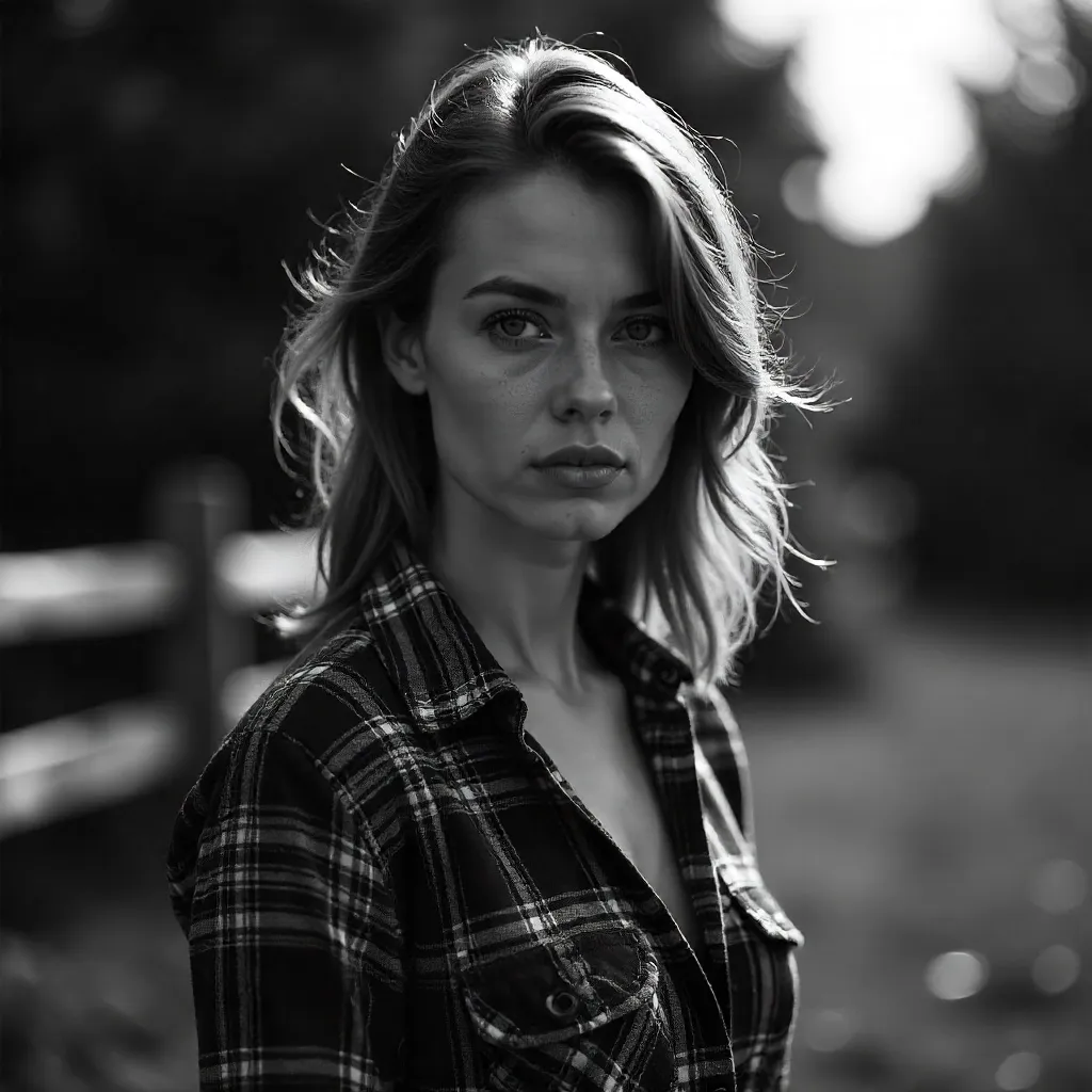 Dramatic Black-and-White Outdoor Portrait in Plaid