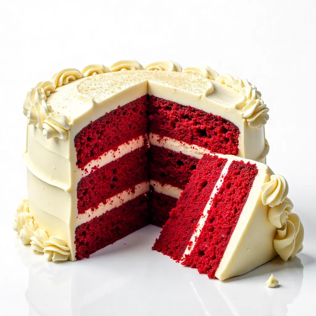 Appetizing Red Velvet Cake with Cream Frosting and Slice