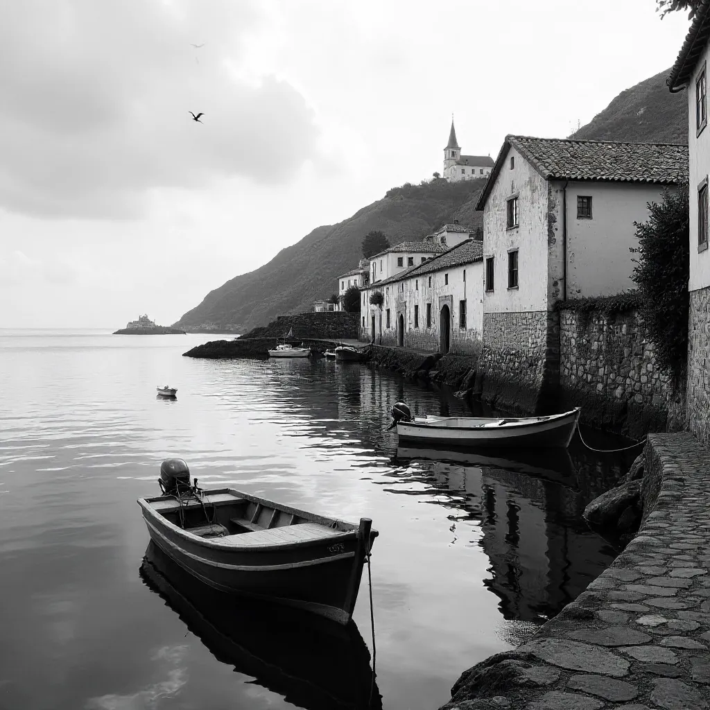 Monochrome Dawn at Madeira Coastal Village Harbor