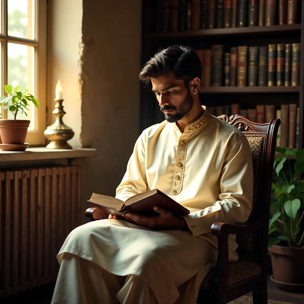 Thoughtful Reading in Traditional Attire Indoors