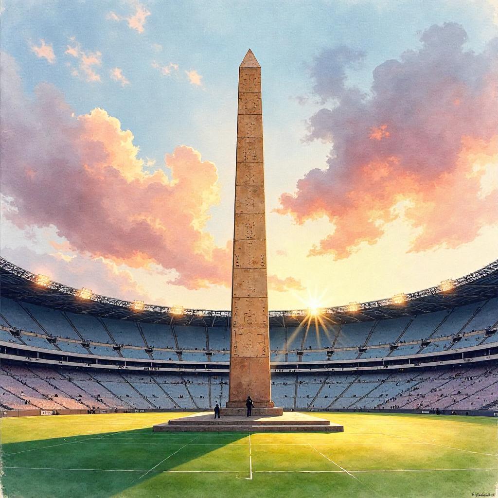 An Ethereal Watercolor Obelisk in a Stadium