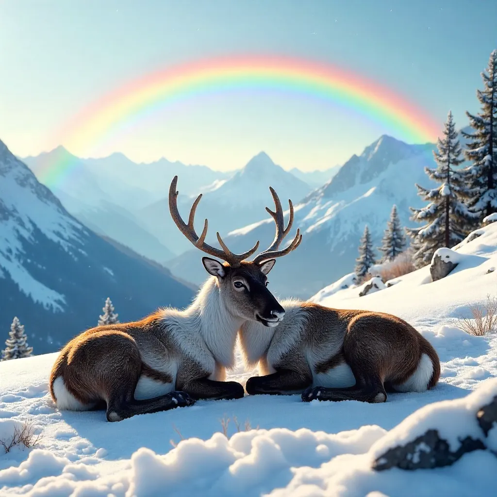 Reindeer on Snowy Norwegian Mountain with Rainbow