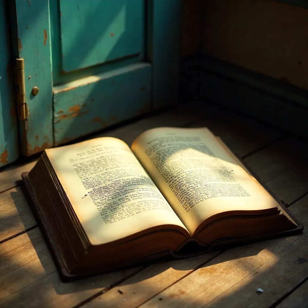Open Vintage Book on Rustic Floor by a Blue Door