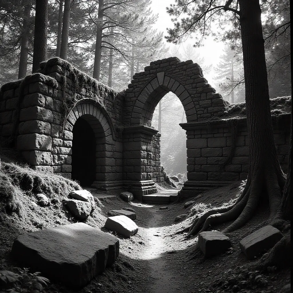 Timeless Ruins Surrounded by Quiet Forest in Black and White