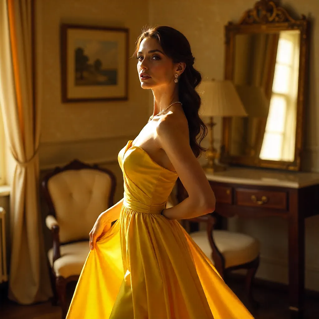 Graceful Yellow Dress Portrait in Warm Indoor Light