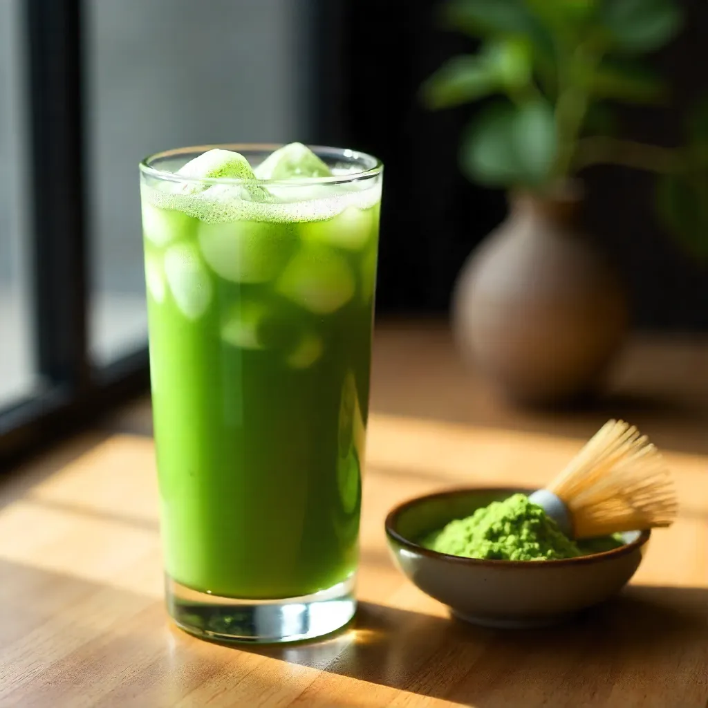 Iced Matcha Latte with Bamboo Whisk