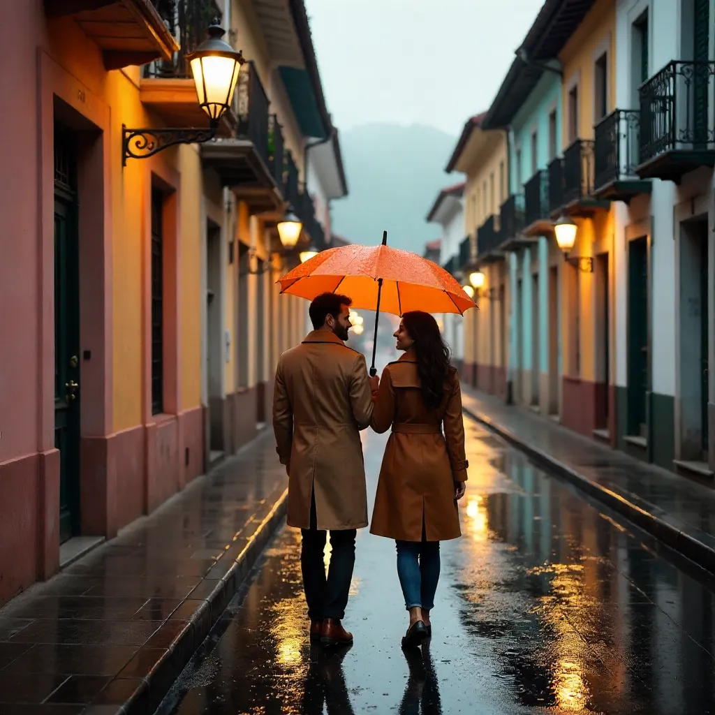 Couple Under Umbrella in Rainy Gramado