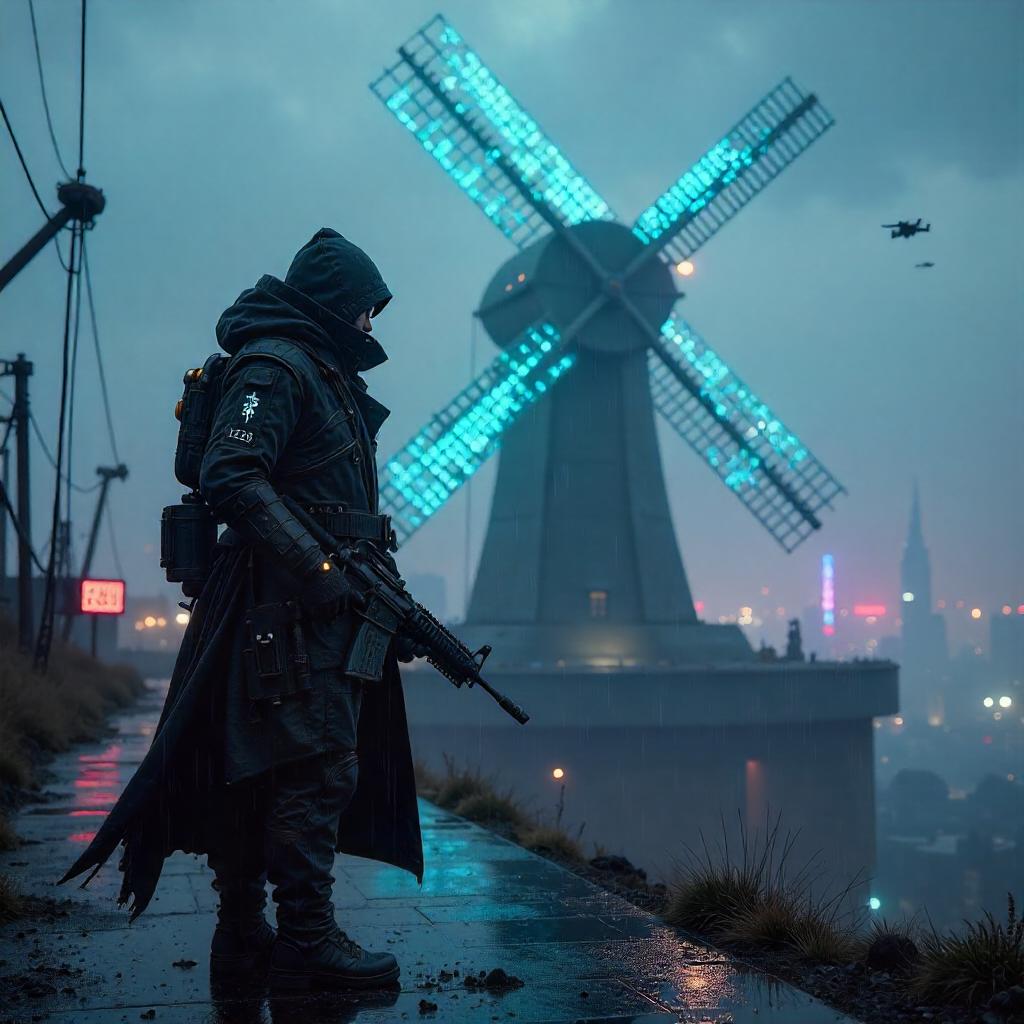 Cyberpunk Ranger at a Neon Windmill