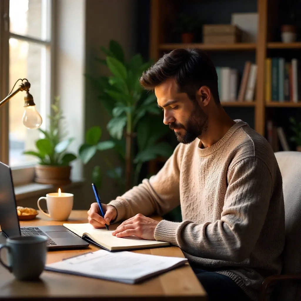 Cozy Desk Scene: Man Writing with Laptop and Coffee