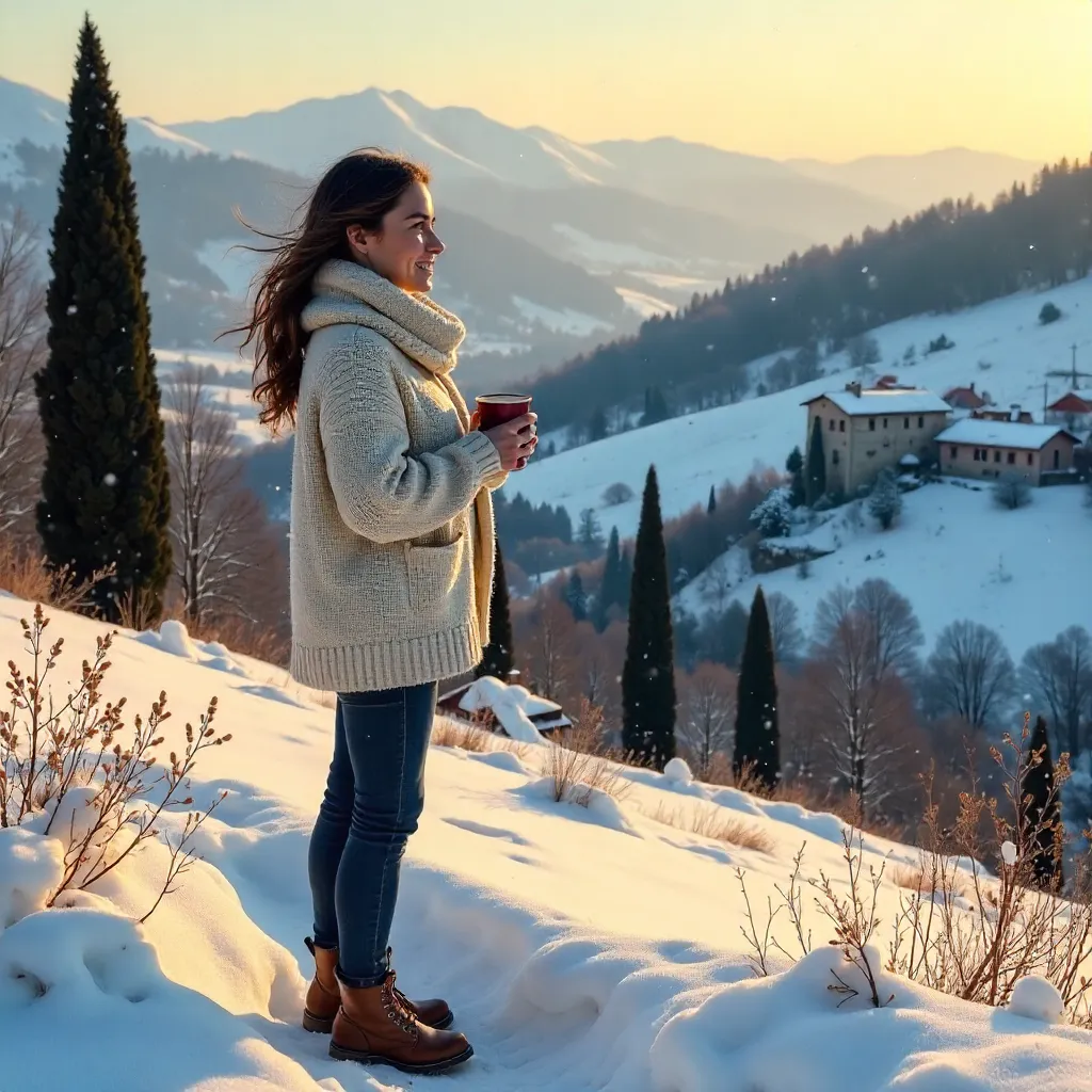 Young Woman in a Cozy Sweater in Snowy Italian Landscape