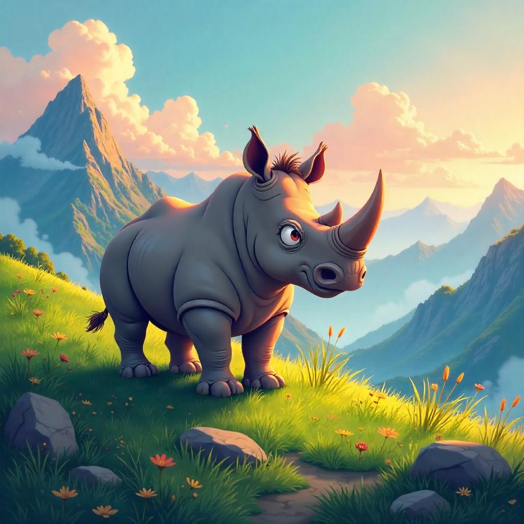 Anime Rhino in the Highland Misty Mountains