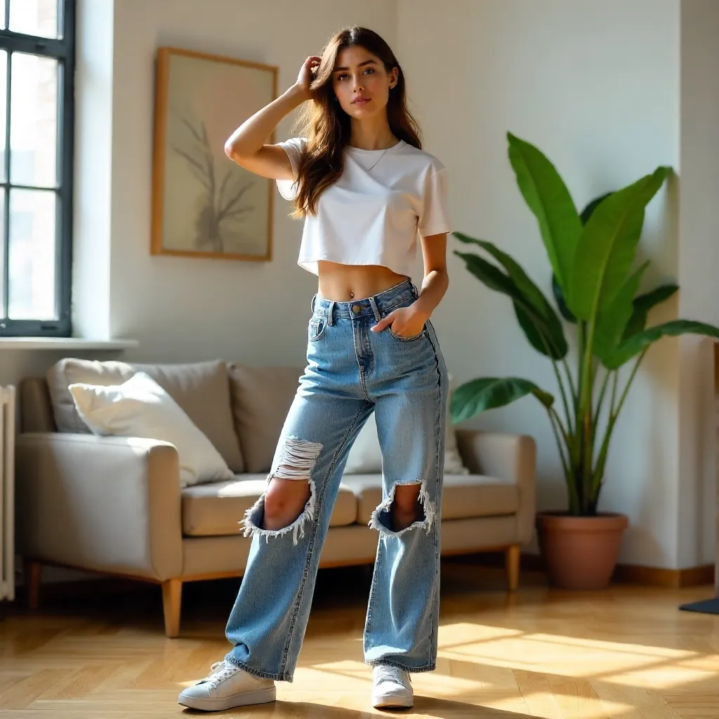 Edgy Indoor Fashion Pose in Distressed Denim and Tee
