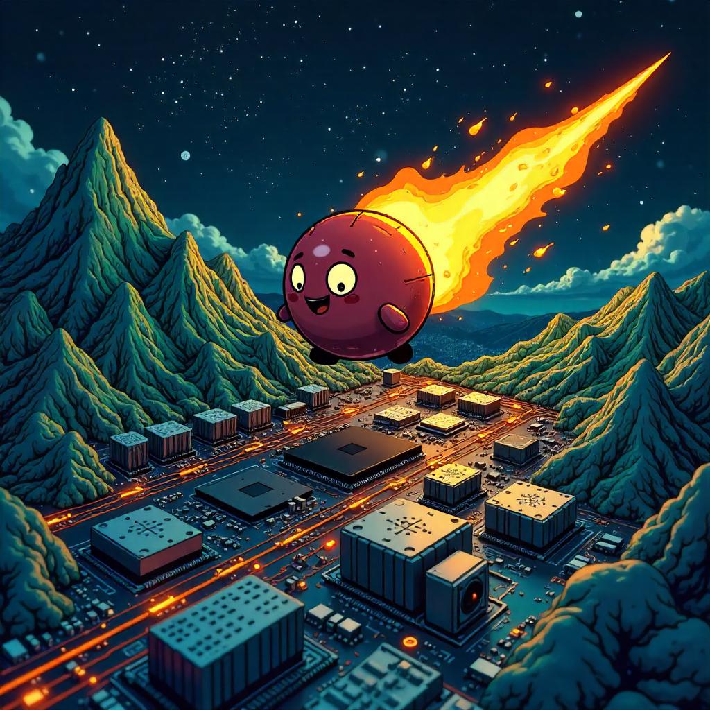 Cartoon Meteor Inside a Computer: Neon Circuit Adventure
