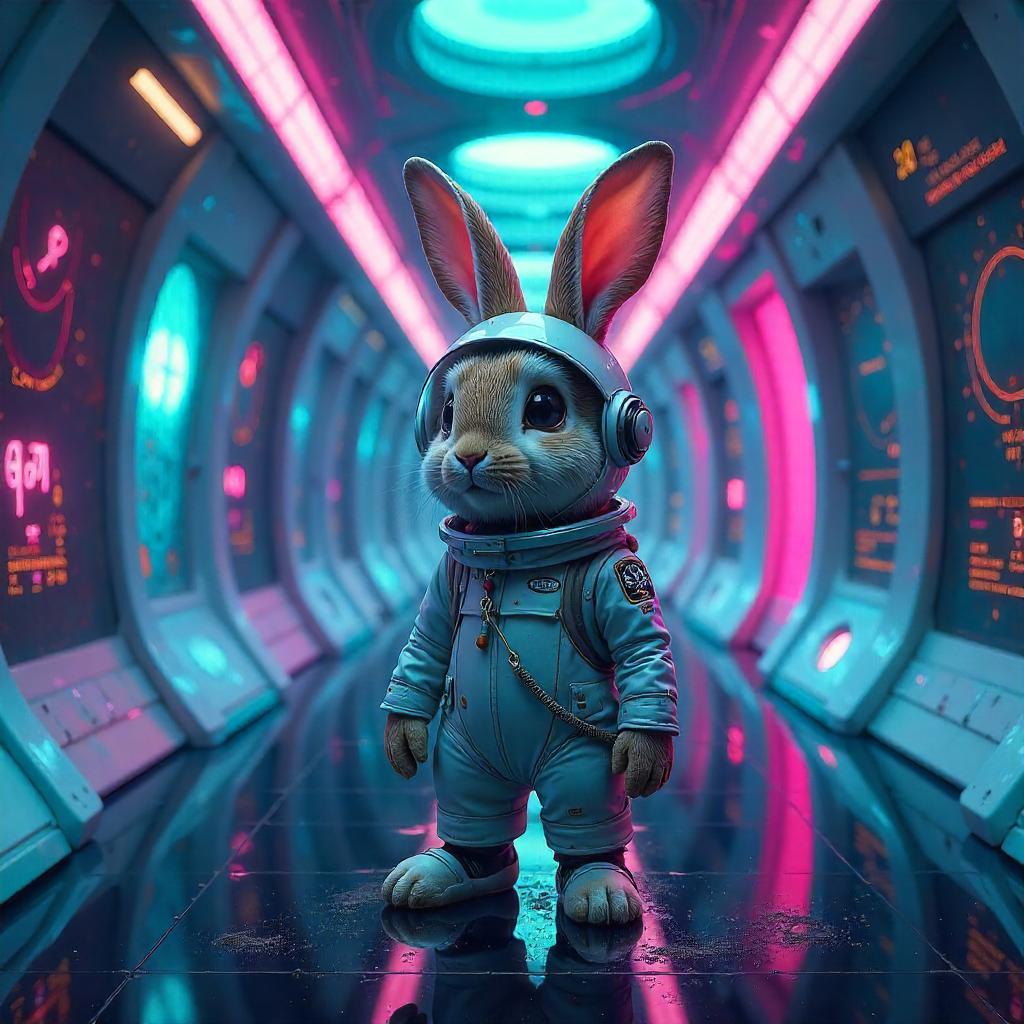 Rabbit Aboard a Neon-Lit Alien Ship