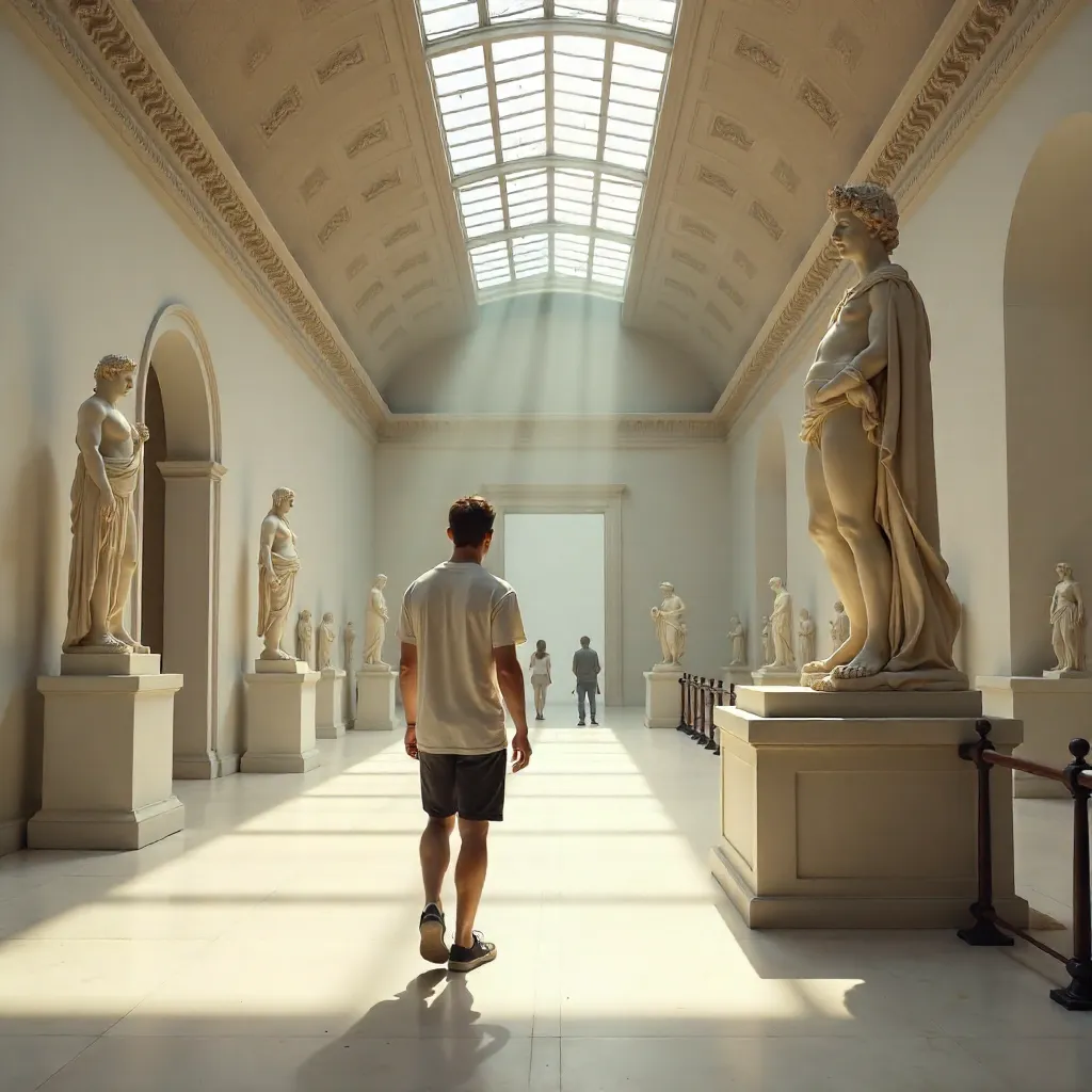 Contemplative Walk Through a Classical Sculpture Hall