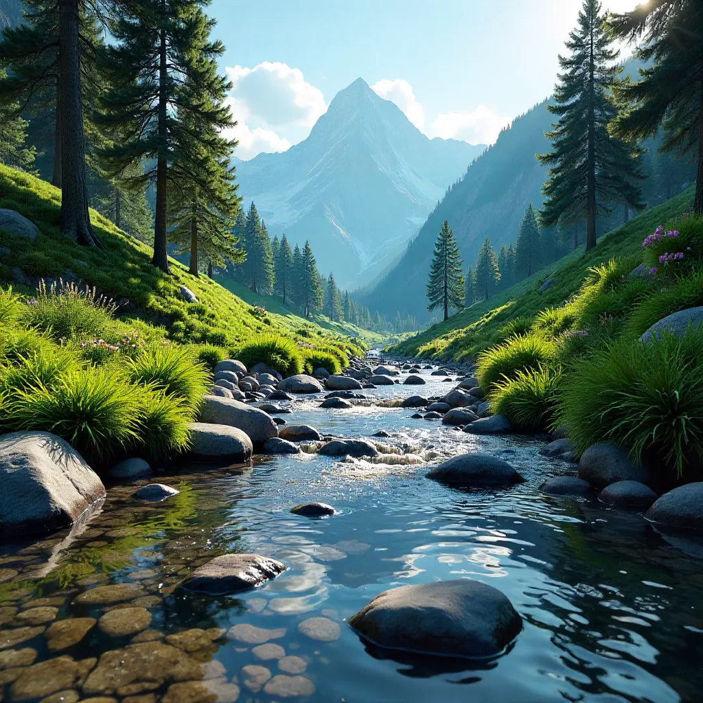 Tranquil Mountain Stream Amid Lush Greenery Under Blue Sky