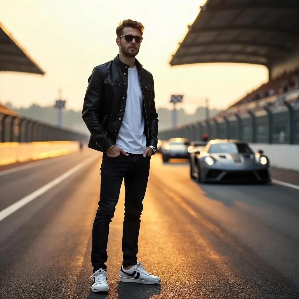 Photorealistic Stylish White Man at a Racing Track