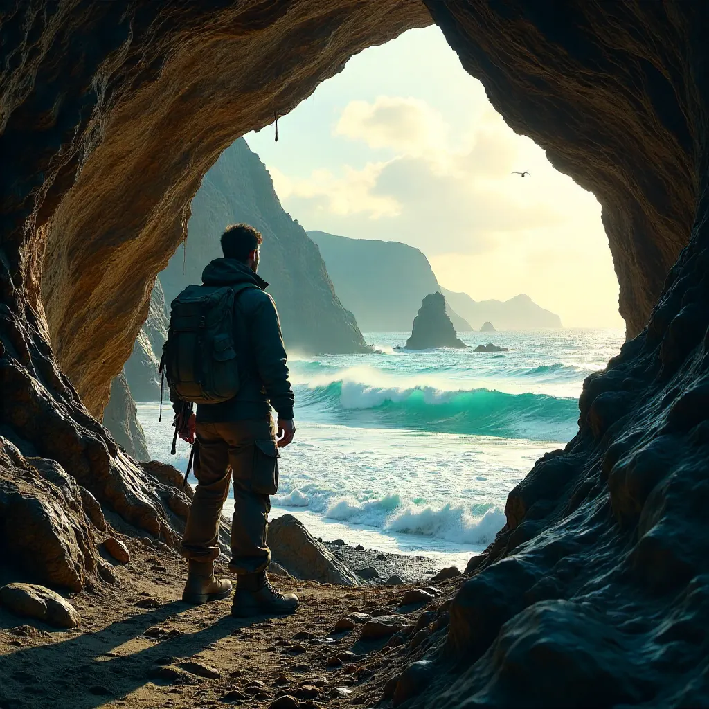 Cave View: Lone Adventurer at Coastal Cliffs