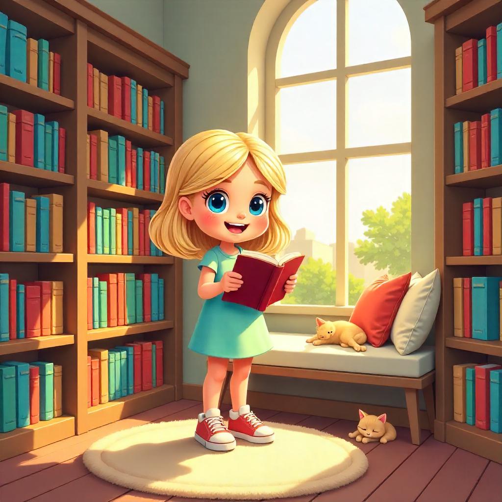 Cheerful White Girl in a Cozy Bookstore