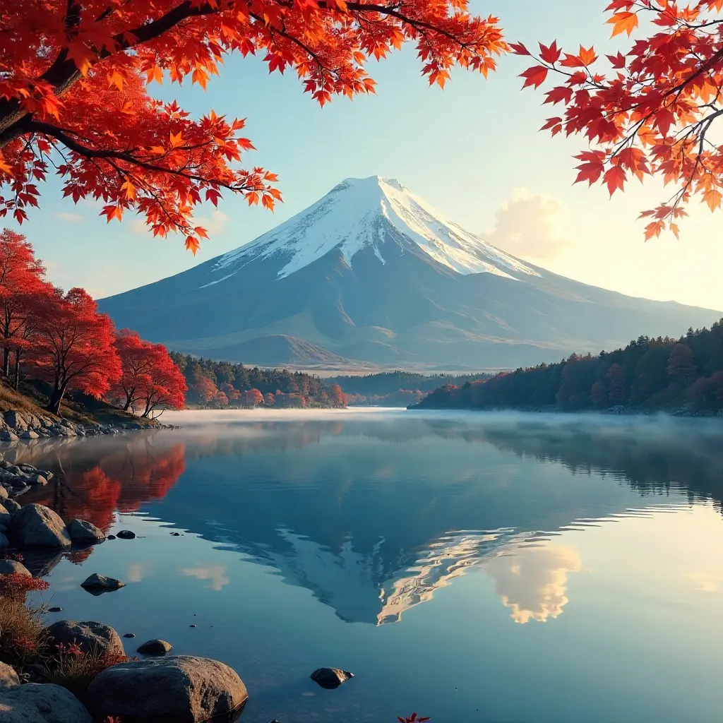 Mount Fuji at Golden Hour: Autumn Lake Reflection