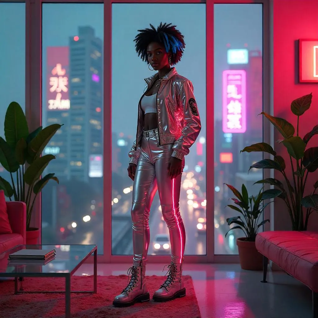 Confident Black Woman in a Cyberpunk Sunroom
