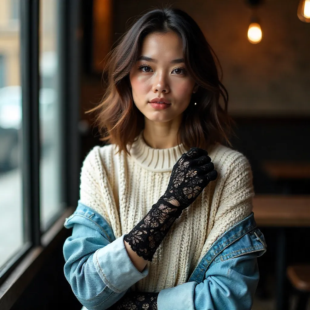 Chic Portrait: Lace Gloves in Casual Attire