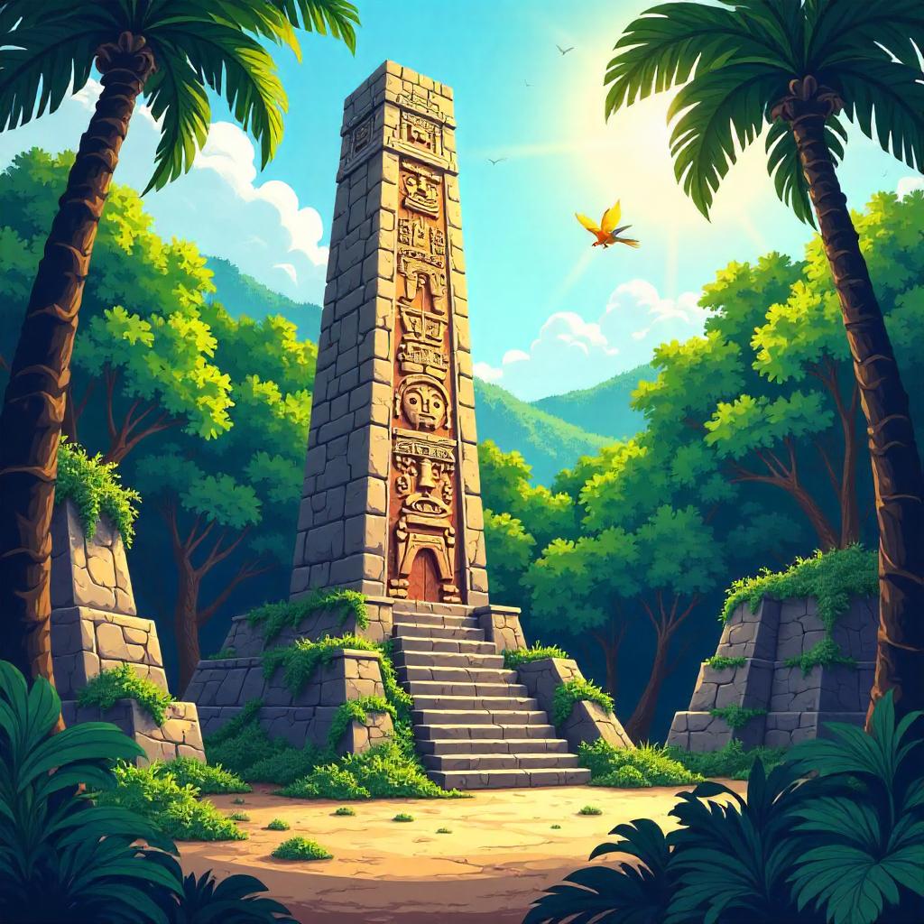 Playful Cartoon Obelisk in Mayan Ruins