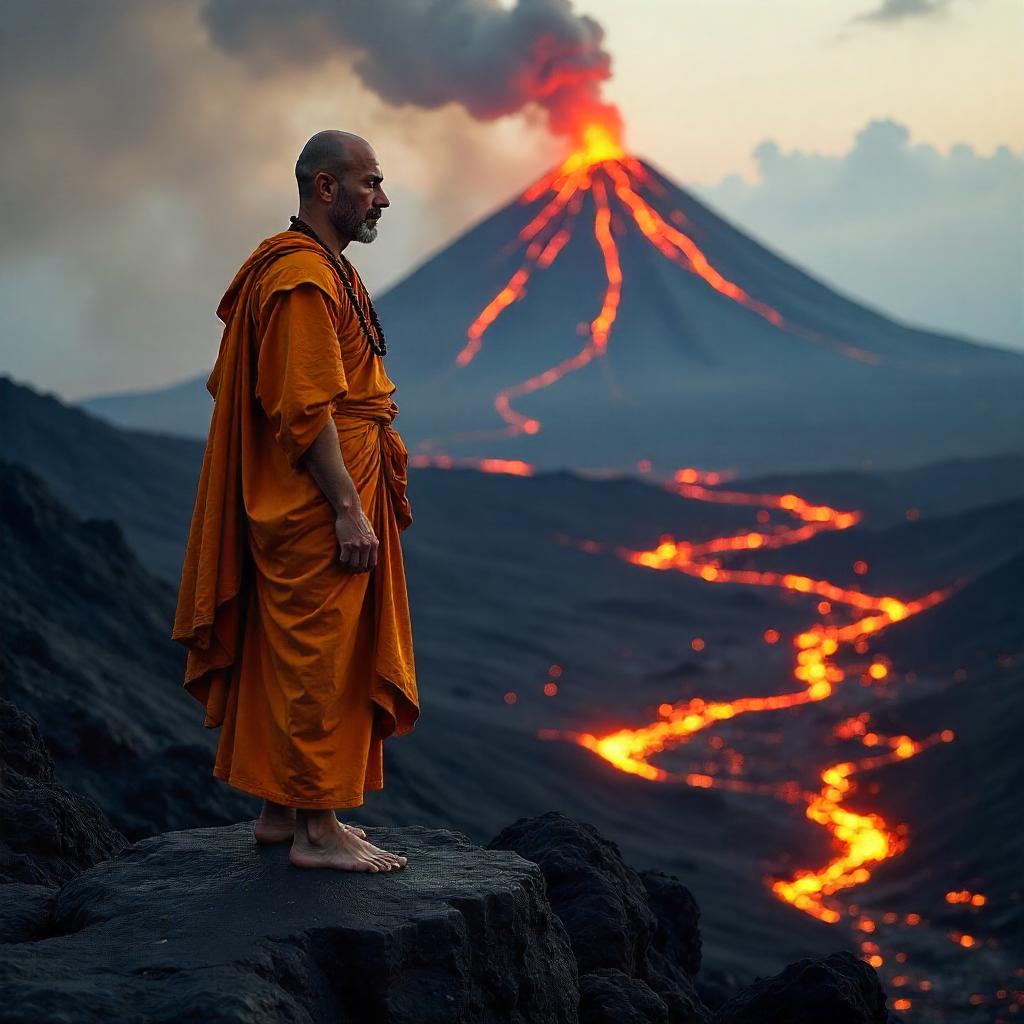 Photorealistic Monk in Fiery Volcanic Landscape