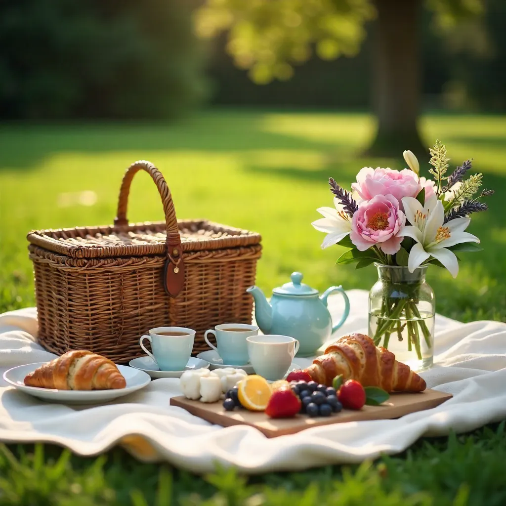 Elegant Outdoor Picnic: Tea, Croissants, and Flowers